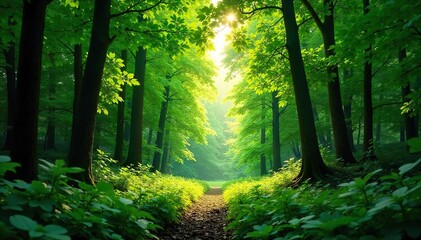 Obraz premium Lush green forest canopy, dappled sunlight filtering through leaves, vibrant foliage, tranquil nature scene Perfect for nature, ecology, and environmental themes , summer, canopy, vegetation