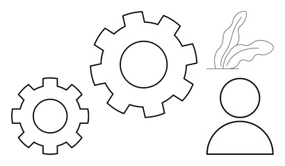 Two interlocking gears, abstract human figure, and plant leaves represent teamwork, collaboration, growth, productivity, innovation, process optimization, and mutual support as a simple flat metaphor