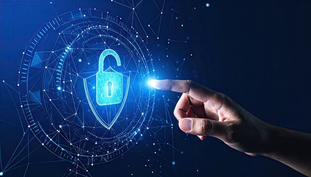 Hand Interacting with a Glowing Padlock in a Deep Blue Tech Environment - Powered by Adobe
