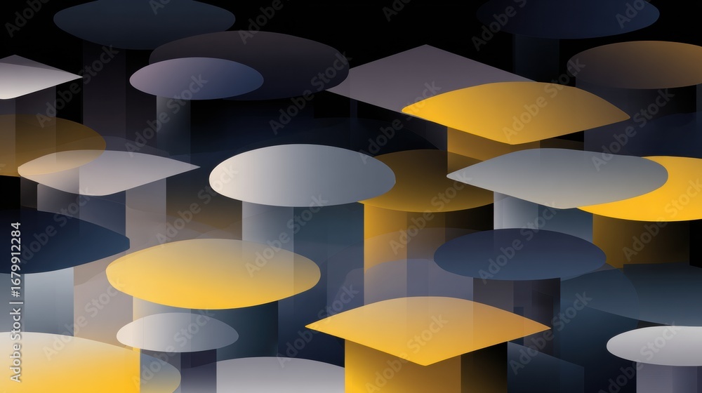 Poster colorful geometric patterns of overlapping shapes create an abstract design in shades of yellow and 