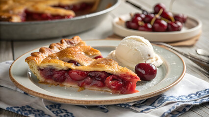 A golden-brown, freshly baked slice of cherry pie, served on a vintage ceramic plate, slightly angled to showcase its flaky, buttery crust and rich, glossy filling bursting with plump