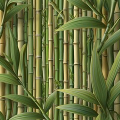 Fototapeta premium Close-up of bamboo stalks and green leaves
