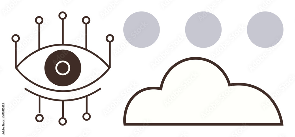 Poster eye with connected lines symbolizes digital vision and technology, cloud with dots conveys data stor
