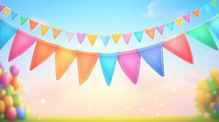 Colorful festive bunting flags cartoon outdoors. Cheerful celebration event. Party decoration, outdoors event, vibrant illustration, joyful background, decorative concept, perfect for festive