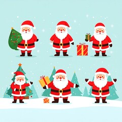 Fototapeta premium Collection of Six Adorable Santa Claus Characters in a Snowy Winter Wonderland Scene.