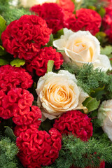 Close-up of a beautiful floral arrangement with delicate cream roses and vibrant red cockscomb flowers, fresh with morning dew. Perfect composition for themes of romance, celebration, weddings