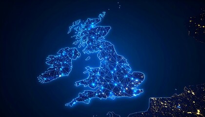 A stylized map of the British Isles, highlighted with glowing, interconnected points