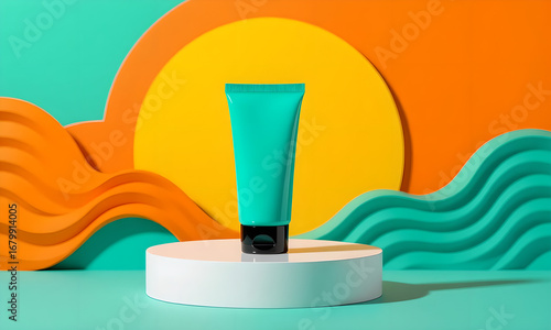 Vibrant Cosmetic Tube on Platform Against Abstract Summer Background for Advertising