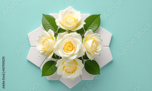 Elegant white roses with green leaves on geometric tile on blue backdrop