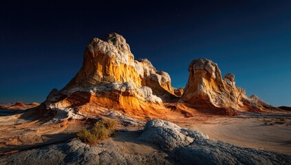 Dramatic, colorful rock formations under a starlit sky.  Vast,  pale yellow and white,  layered rock structures rise dramatically,  lit by the golden hour.  Dry,  dusty ground,  sparse vegetation