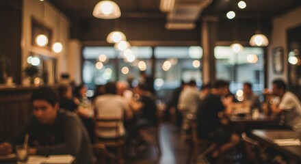 Cozy cafe interior with soft lighting and blurred patrons, creating a relaxed atmosphere
