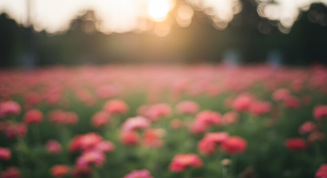 A field of blooming red flowers bathed in the soft glow of the setting sun