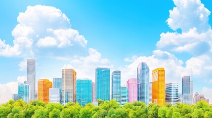 Obraz premium Colorful modern urban cityscape skyline architecture. Vibrant downtown skyline with skyscrapers and buildings. Urban architecture, modern towers, vibrant facades, city, colorful environment,