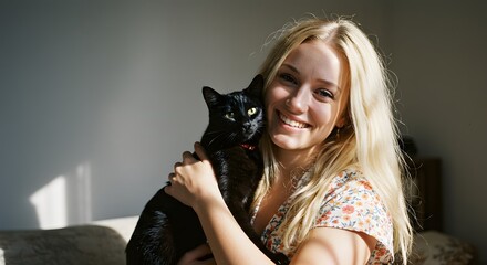 A Smiling woman holds her black cat closely in a sunlit room, creating a tender moment of companionship