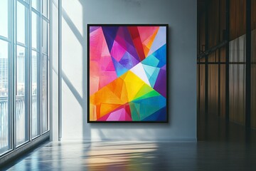 Colorful geometric abstract painting with vibrant polygon shapes displayed in modern gallery interior creating bold contemporary artistic impression