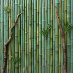 Textured bamboo wall with branches and leaves