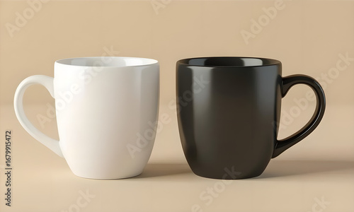 Two ceramic mugs, white and black, on a beige background studio shot.