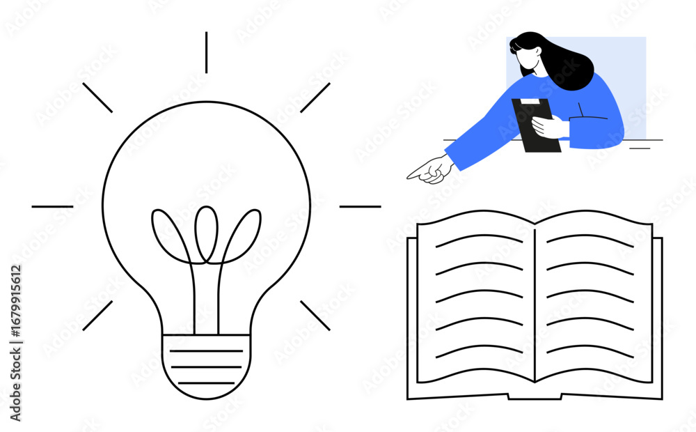 Poster lightbulb symbolizing creativity and innovation, a person referencing a notebook, and an open book f