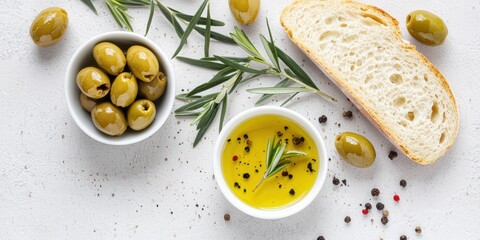 A plate featuring olives, olive oil, fresh rosemary, and sliced bread, creating a delicious Mediterranean-inspired food arrangement.