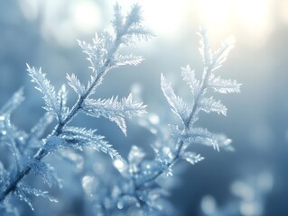Naklejka premium Frosty Branches with Crystalline Ice and Snow Against Heavenly Blue Background: A Beautiful Macro Photography of Winter Nature