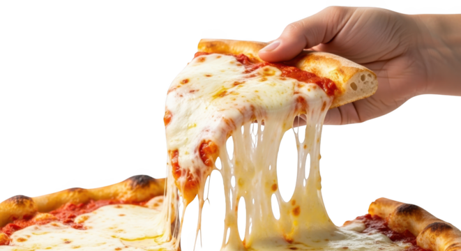 Delicious pizza slice with cheese pull being held up close up shot food photography italian cuisine 100 on transparent background