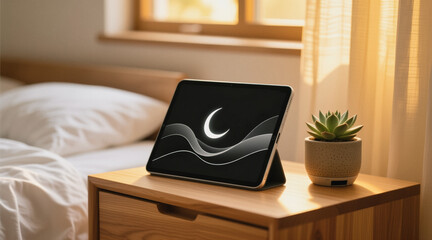 A tablet displaying a moon and waves illustration sits on a wooden nightstand beside a potted succulent in a cozy bedroom.