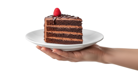 Chocolate cake slice dessert recipe delicious sweet treat bakery hand holding plate raspberry topping food on transparent background