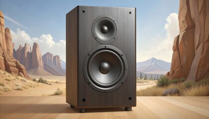 Dark speaker in desert landscape