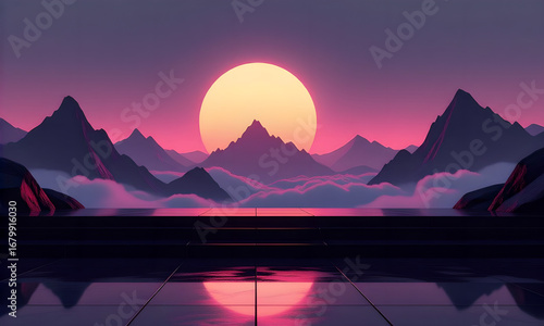 Synthwave Sunset: Pink Sky, Mountains, and Reflective Platform Landscape Generative Art