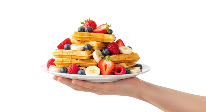 Delicious homemade waffles with fresh berries and banana slices held in hand on a white plate isolated on transparent background