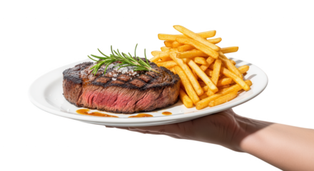 Delicious steak and fries served on a plate for a restaurant meal perfect for dinner and lunch time on transparent background