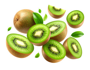 Fototapeta premium Fresh kiwifruit slices and whole fruit create a vibrant and juicy composition for healthy eating.