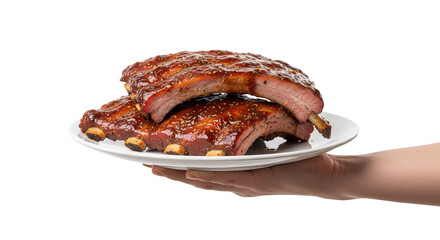 Delicious bbq ribs on plate held by hand perfect for food blog and recipe website with black background on transparent background
