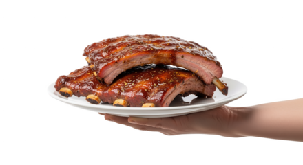 Delicious bbq ribs on plate held by hand perfect for food blog and recipe website with black background on transparent background