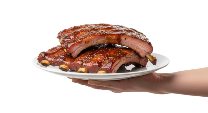 Delicious bbq ribs on plate held by hand perfect for food blog and recipe website with black background on transparent background