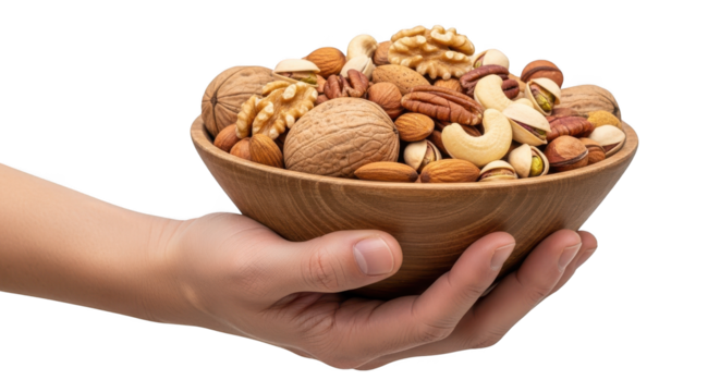 Hand holding wooden bowl full of mixed nuts healthy snack food walnuts almonds cashews pistachios pecans diet 100g on transparent background