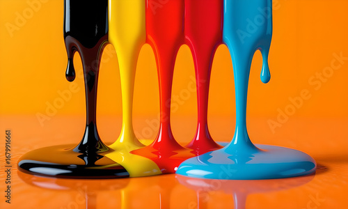Vibrant Primary Colors Paint Dripping on Orange Background for Creative Concepts