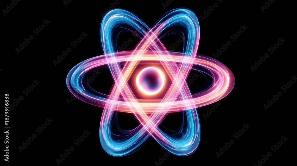Poster colorful representation of atomic structure with vibrant energy rings and central nucleus illustrati