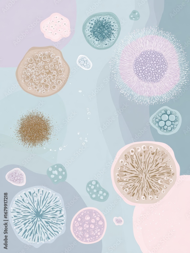 Poster colorful abstract representation of microorganisms in various shapes and sizes on a soft pastel back