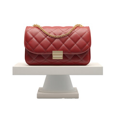 Elegant Red Quilted Handbag Displayed on a Modern Stand on Transparent Background