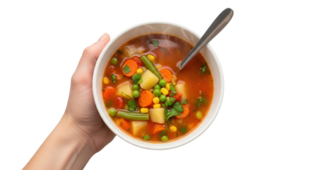 Delicious vegetable soup bowl held by hand for healthy eating and homemade food photography concept on transparent background