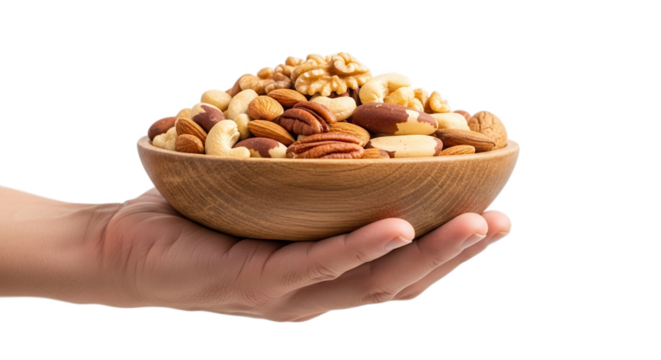 Hand holding bowl of mixed nuts healthy snack walnuts almonds cashews pecans brazil nuts nutritious food on transparent background
