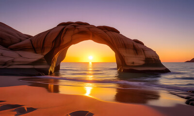 Scenic Beach Sunrise: Natural Rock Arch Over Ocean with Golden Reflections