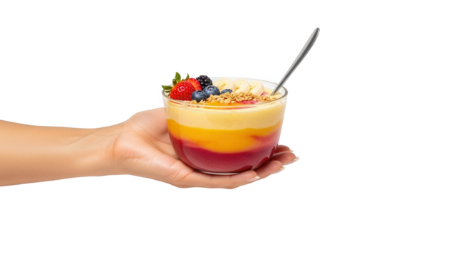 Delicious fruit parfait bowl held in hand healthy breakfast dessert recipe ideas and serving suggestions on transparent background