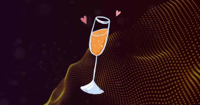 Loop starting champagne flute rocking with dotted wave and floating pink hearts showing celebration