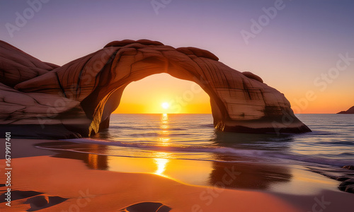 Scenic Beach Sunrise: Natural Rock Arch Over Ocean with Golden Reflections