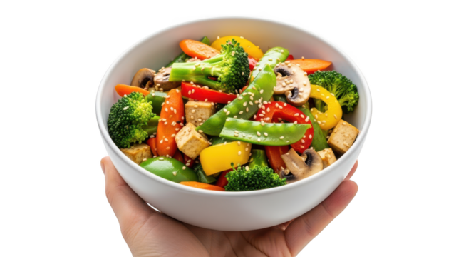 Healthy vegan stir fry recipe with tofu and vegetables in bowl for diet and wellness concept on transparent background