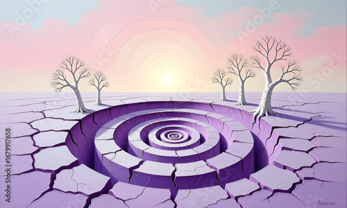 Surreal Dry Landscape with Circular Abyss, Bare Trees, and Pastel Sky