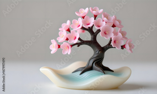 Miniature Cherry Blossom Tree Sculpture with Water, Still Life Photography