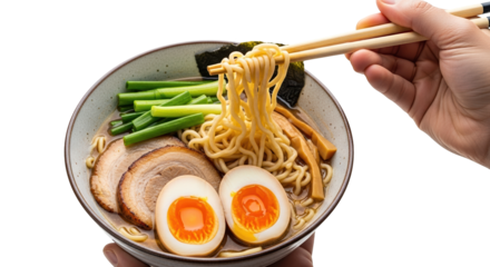 Authentic japanese ramen bowl with pork belly egg and green onions being eaten with chopsticks on black on transparent background